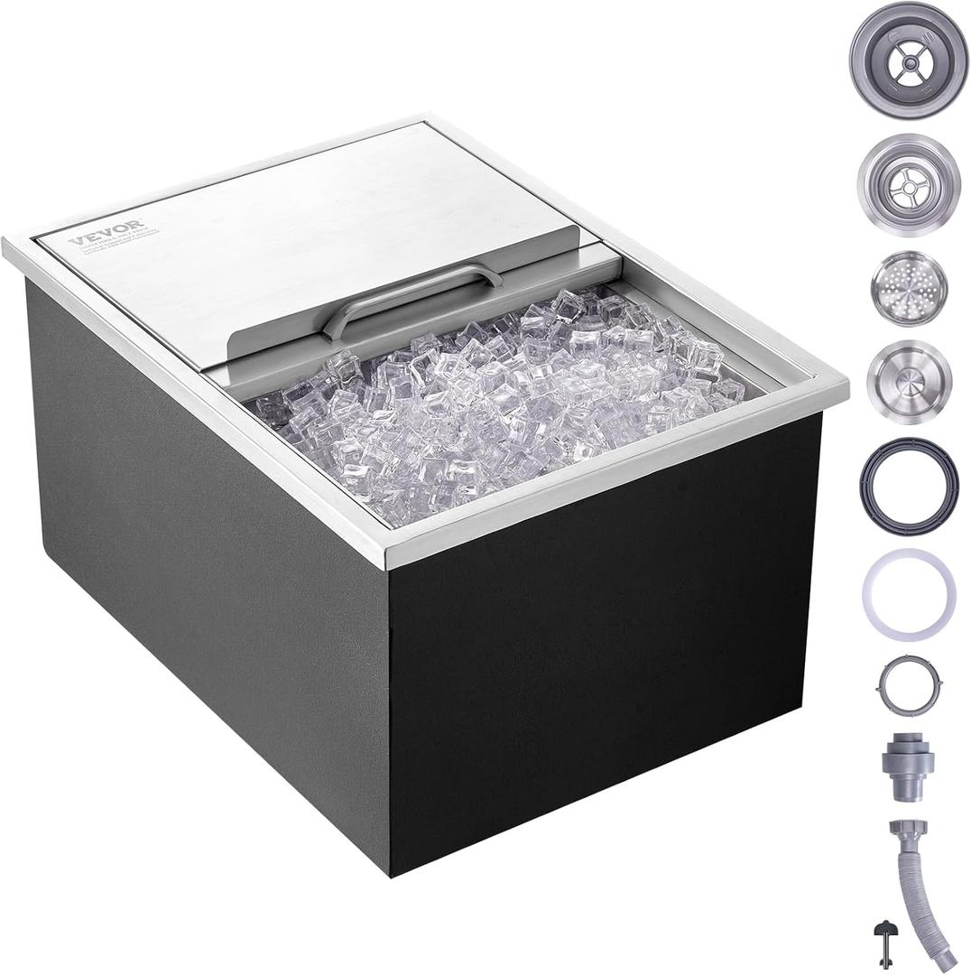 VEVOR Drop-in Ice Chest, 24"L x 18"W x 13"H Stainless Steel Ice Cooler, Commercial Ice Bin with Sliding Cover, 40.9 qt Outdoor Kitchen Ice Bar, Drain-pipe and Drain Plug Included, for Cold Beer