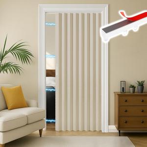 RINHARTEX Blackout Accordion Style Magnetic Door Curtain Sets Included Tracks for Closet Pleated Folding Doorway Curtain Accordion Door Interior Room Divider Bedroom Bathroom (52x79,Cream Beige)