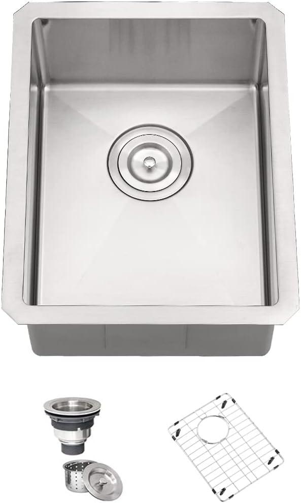 12x16 Inch Undermount Bar Sink - 16 Gauge Stainless Steel Single Bowl Kitchen Sink for RV, Kitchen, or Prep - Small Bar Sink with Bottom Grid (Brushed Nickel)