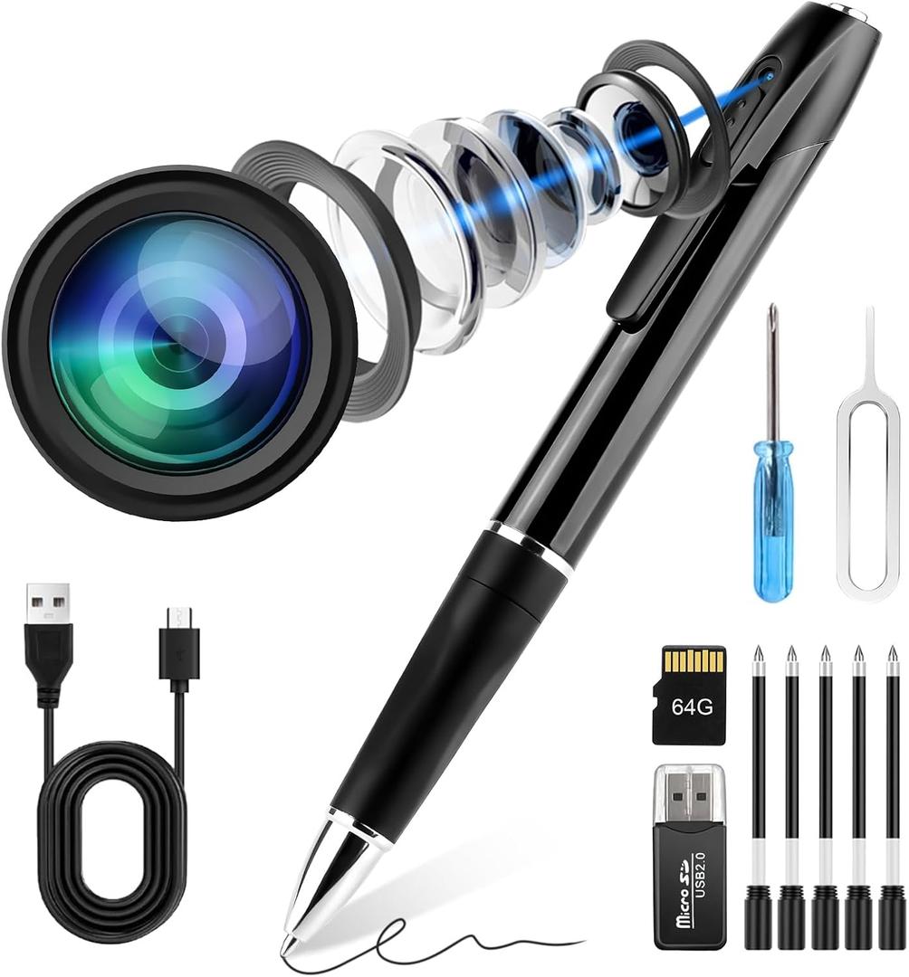 Mini Spy Camera Pen 1080P Full HD Video Recorder with 64GB Card, USB Charging, Security Surveillance Camera