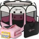 Siedihit Pink Playpen for Large Dog Cat, Dogs Tent Crate Cage Indoor/Outdoor, Portable Pop Up Dog Kennel with Carrying Bag for Rabbits, Removable Top (Pink with Pad, Large)