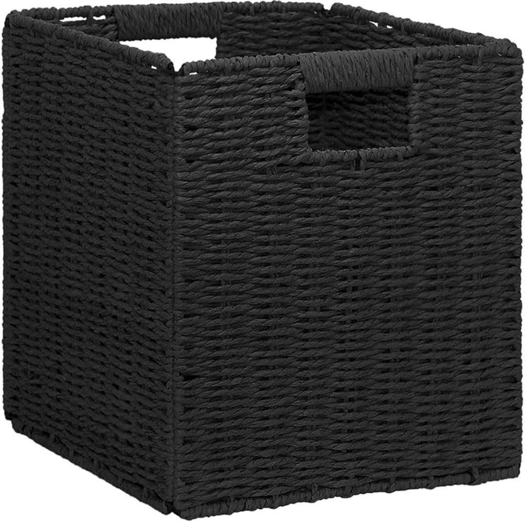 10.5x10.5in Storage Basket, 1 Pack Black Paper Rope Woven Baskets,Foldable Handwoven Storage Cubes,Wicker Cube Baskets Laundry Organizer Totes for Bathroom, Bedroom, Laundry, Pantry, Shelves