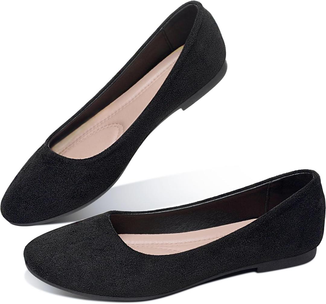 Obtaom Round Toe Women Flat Shoes Slip on Girls Dress Black Ballet Flats (Black Faux Suede, US 10)