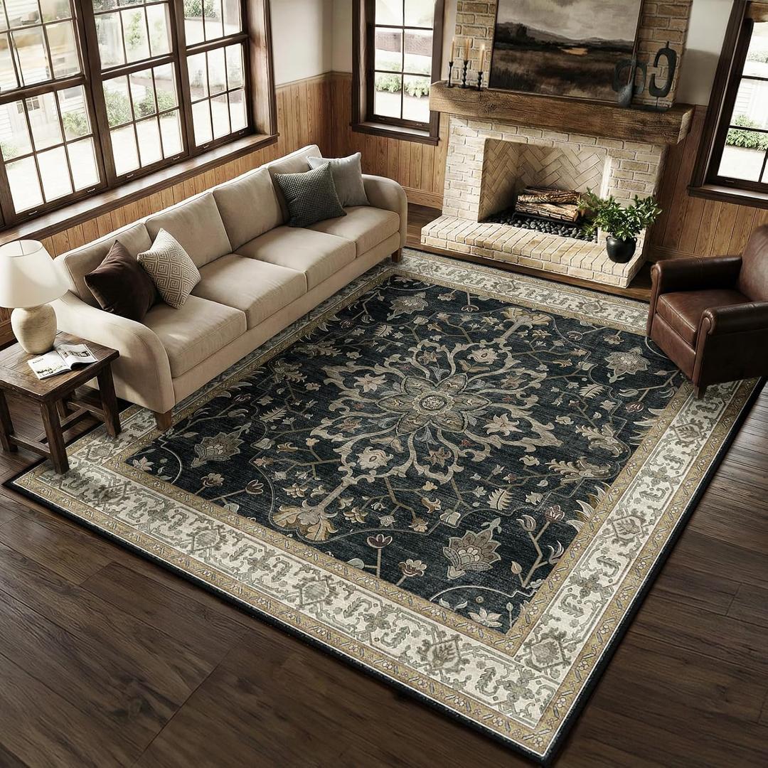 RELEANY Washable Area Rug, Square 8'x8', Black/Vintage/Beige