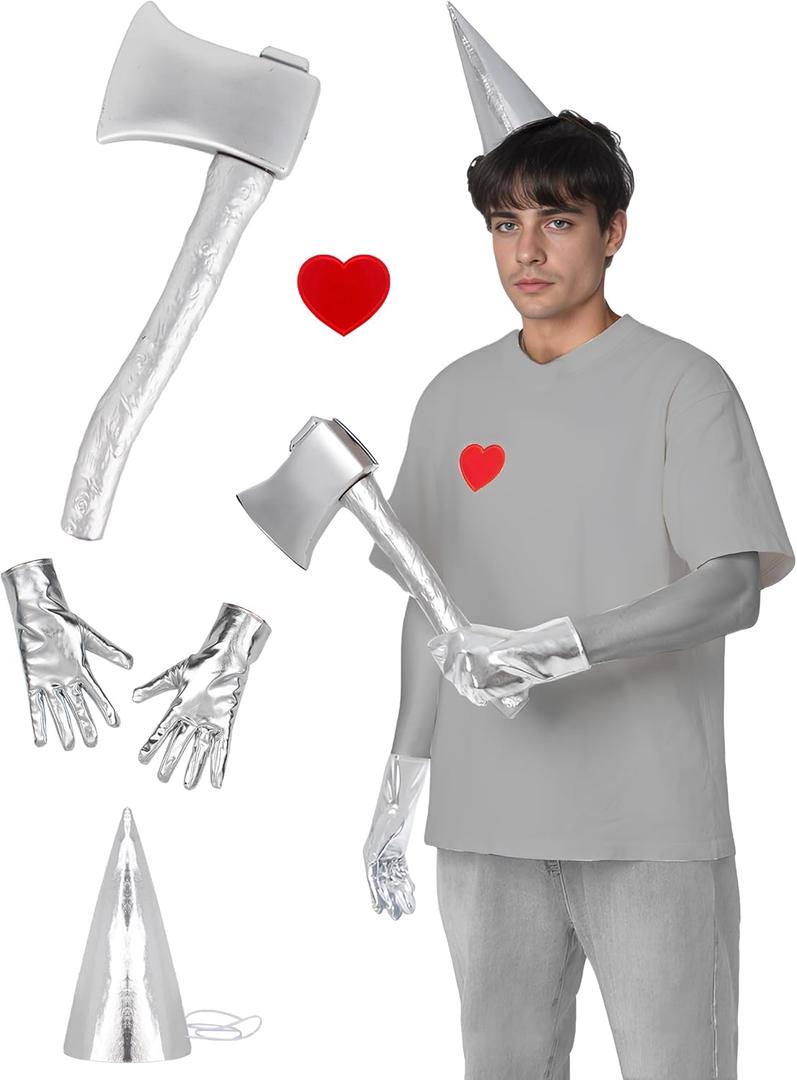 Halloween Costume Accessories Silver Funnel Hat Axe Heart Brooch Silvery Gloves Set Halloween Costume Accessories for Man Women Cosplay Party