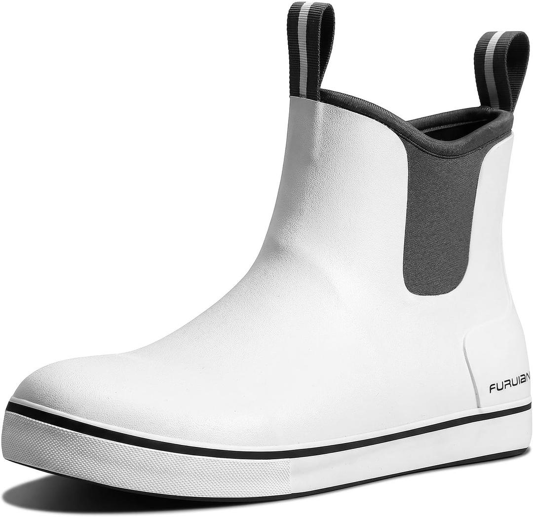 Furuian Men's Deck Boots Fishing Boots Waterproof Rain Boots Ankle Booties Slip On Neoprene Rubber Footwear Chelsea Boots Men botas para hombre for Gardening Fishing Boating Camping Sailing (White, M)