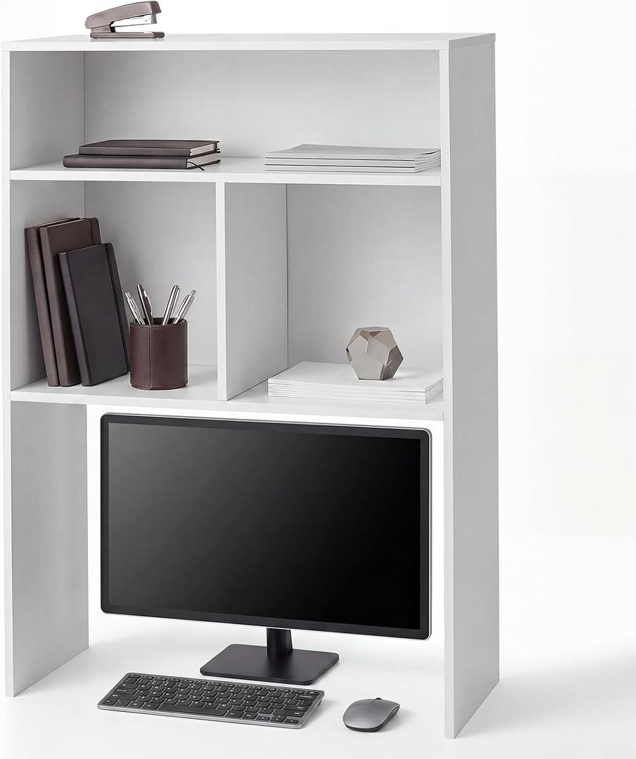 GlikCeil Desk Hutch Dorm White Extra Deep Tall Dorm Desk Bookshelf Organizer with 2 Shelves and 3 Tier Desktop Hutch Storage Organizer 29.75" W x 14" D x 43.75" H for College Home Office Supply