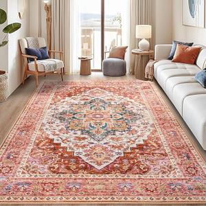 Foxmas 6x9 Area Rugs for Living Room, Machine Washable Vintage Rug, Non-Slip Low Pile Throw Rugs with Rubber Backing Washable Carpet for Bedroom Dining Room Kitchen Home Decor, Orange