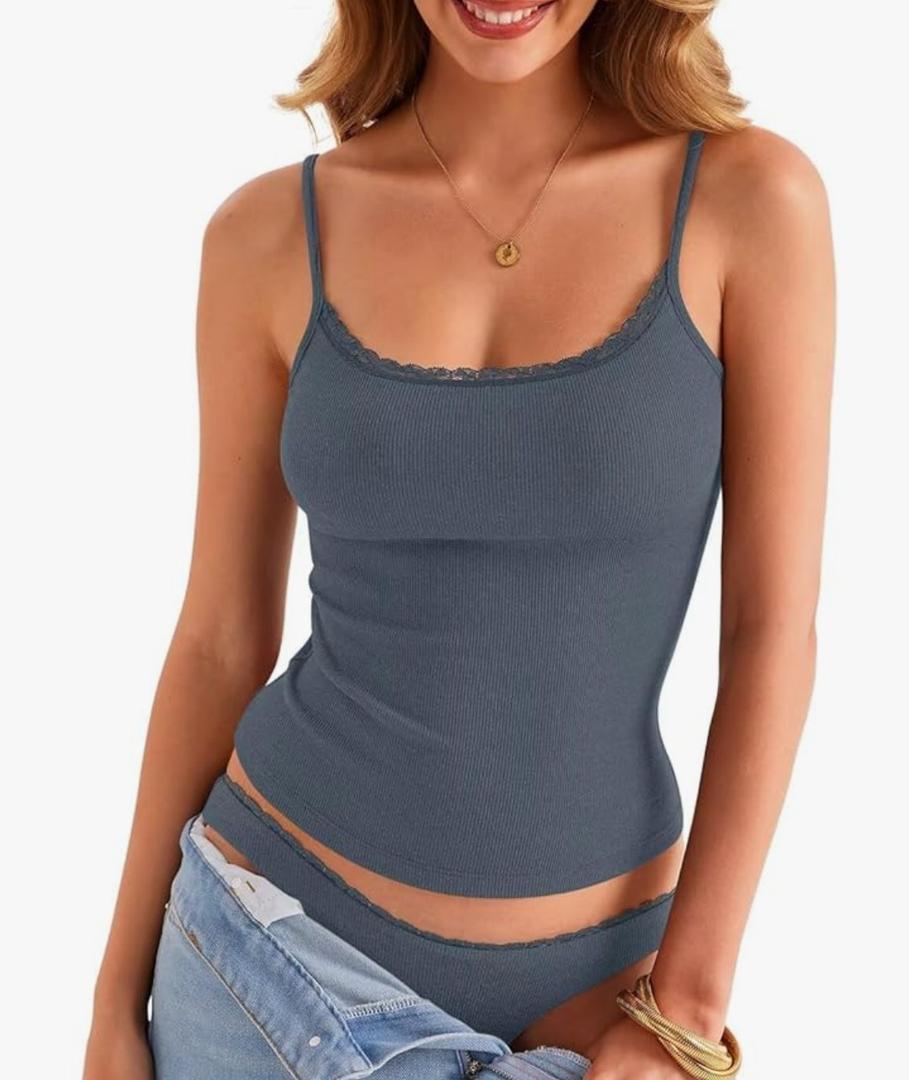 Womens Lace Camisole Tops Square Neck Ribbed Tank Tops Adjustable Spaghetti Straps Sleeveless Summer Shirt 2026