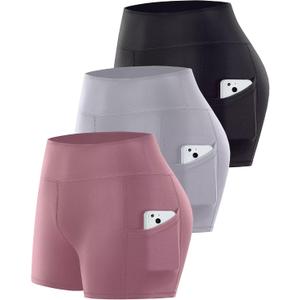 3 Pack Biker Shorts with Pockets Women, Soft High Waist Tummy Control Yoga Workout Athletic Running, Large-X-Large, 5-inch-black/Grey/Pink
