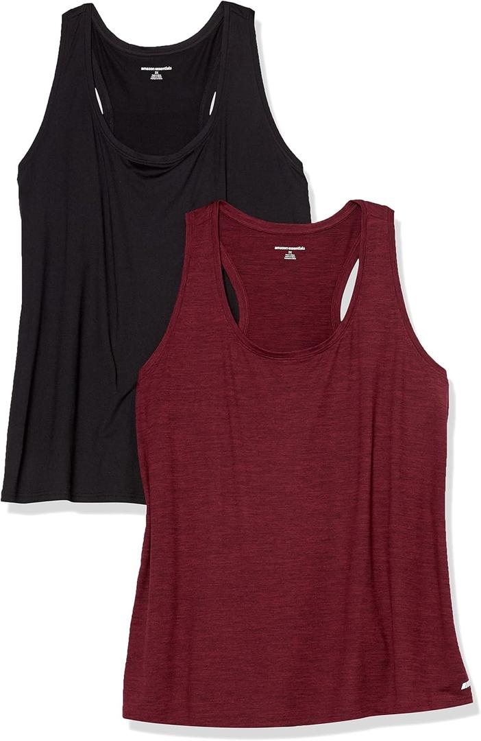 Amazon Essentials Women's Active Quick Dry Tech Stretch Racerback Scoop Neck Tank Top, Multipacks (Large, Black/Burgundy Space Dye)