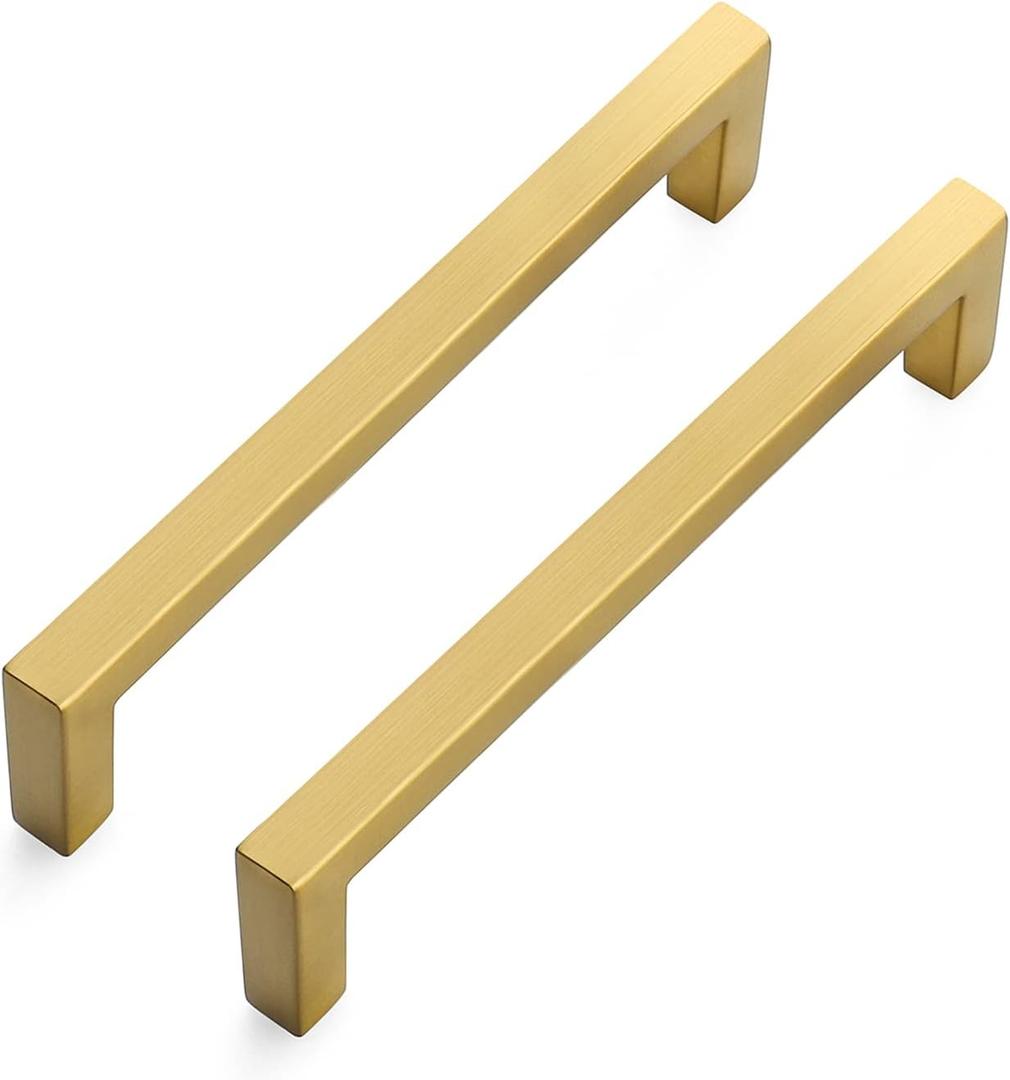2 Pack, Solid 5 Inch Center to Center Slim Square Bar Drawer Handles Kitchen Cabinet Handles Brushed Brass Drawer Pulls Kitchen Cabinet Hardware Kitchen Handles Cabinet Pulls