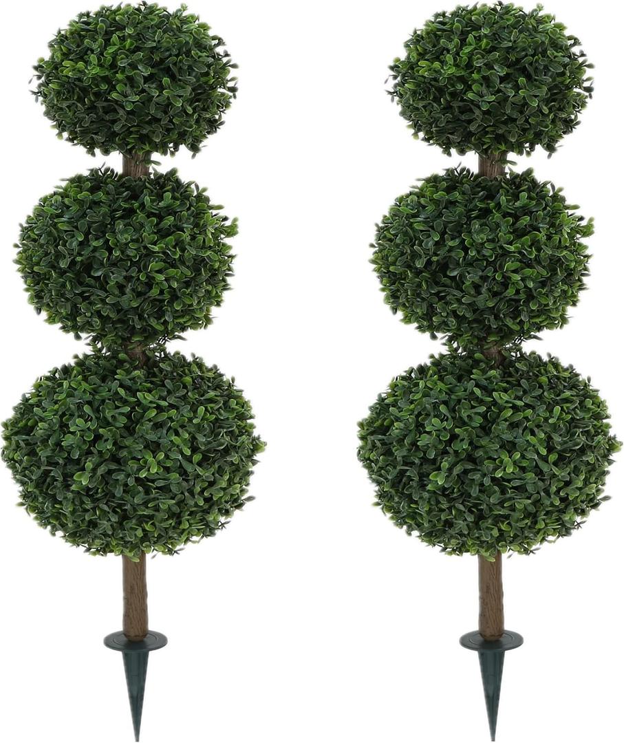 2 Pack 33 inch Artificial Boxwood Ball Topiary Trees with Ground Spike Faux Topiaries Tree Plants Fake Shrub Bushes for Front Door Family Office Indoor Outdoor Decor