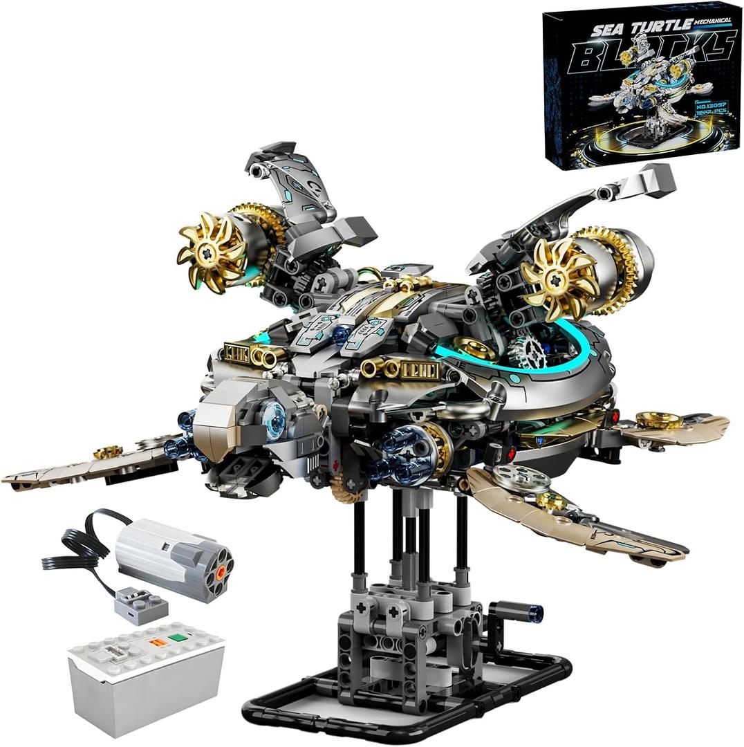 Mechanical Turtle Building Block with Hand Crank & Motor Dual Drive Gear Motion Steampunk＆Educational Construction Set for Adults Teens and Model Enthusiasts
