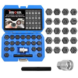 JEUCLEL 22PCS Wheel Locking Nut Key Kit Compatible with VW VAG Volkswagen, Wheel Lock Nut Socket Adapter Set, Anti-Theft Lug Removal Tool, Anti-Theft Screw Remover Repair Tool