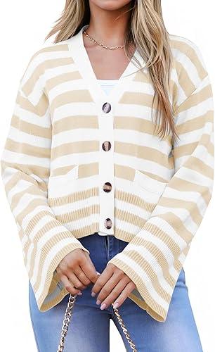 Saodimallsu Womens Striped Cardigan Sweaters Cropped Fall Button Open Front Long Sleeve Knit Sweater Coat with Pockets, Apricot, 30x40