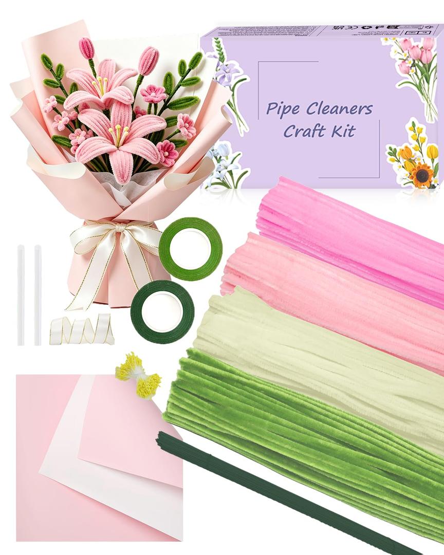 400 Pcs Pipe Cleaner Flower Kit, Pink Pipe Cleaners Bulk, 4 Color Fuzzy Sticks Set for Tulip Flowers Making, Thick Chenille Stems for Arts DIY Craft as Gift (Pink)