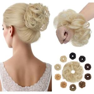 Hairro Human Hair Messy Bun, 100% Real Ponytail Hair Scrunchies, Natural Curly Chignon Fluffy Donut Updo, Hairpiece with Elastic Rubber Band for Women, 1 Count Bleach Blonde Wavy