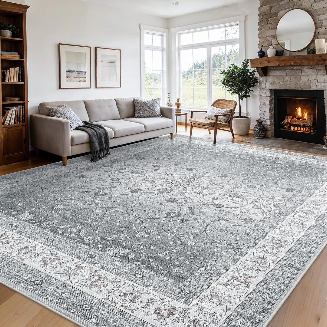 AMADA HOMEFURNISHING 8x10 Area Rugs, Washable Living Room Rug with Non-Slip Backing, Low Pile and Durable Edge Binding, Soft Vintage Floral Rugs for Living Room, Bedroom, Dining Room