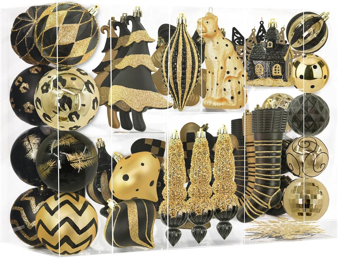 SHareconn 145pcs Christmas Balls Ornaments Set, Shatterproof Plastic Baubles Snowflakes, Stars and Tree Topper for Xmas Tree Holiday Wedding Party Decorations with Hanging Strings,Light Gold and Black