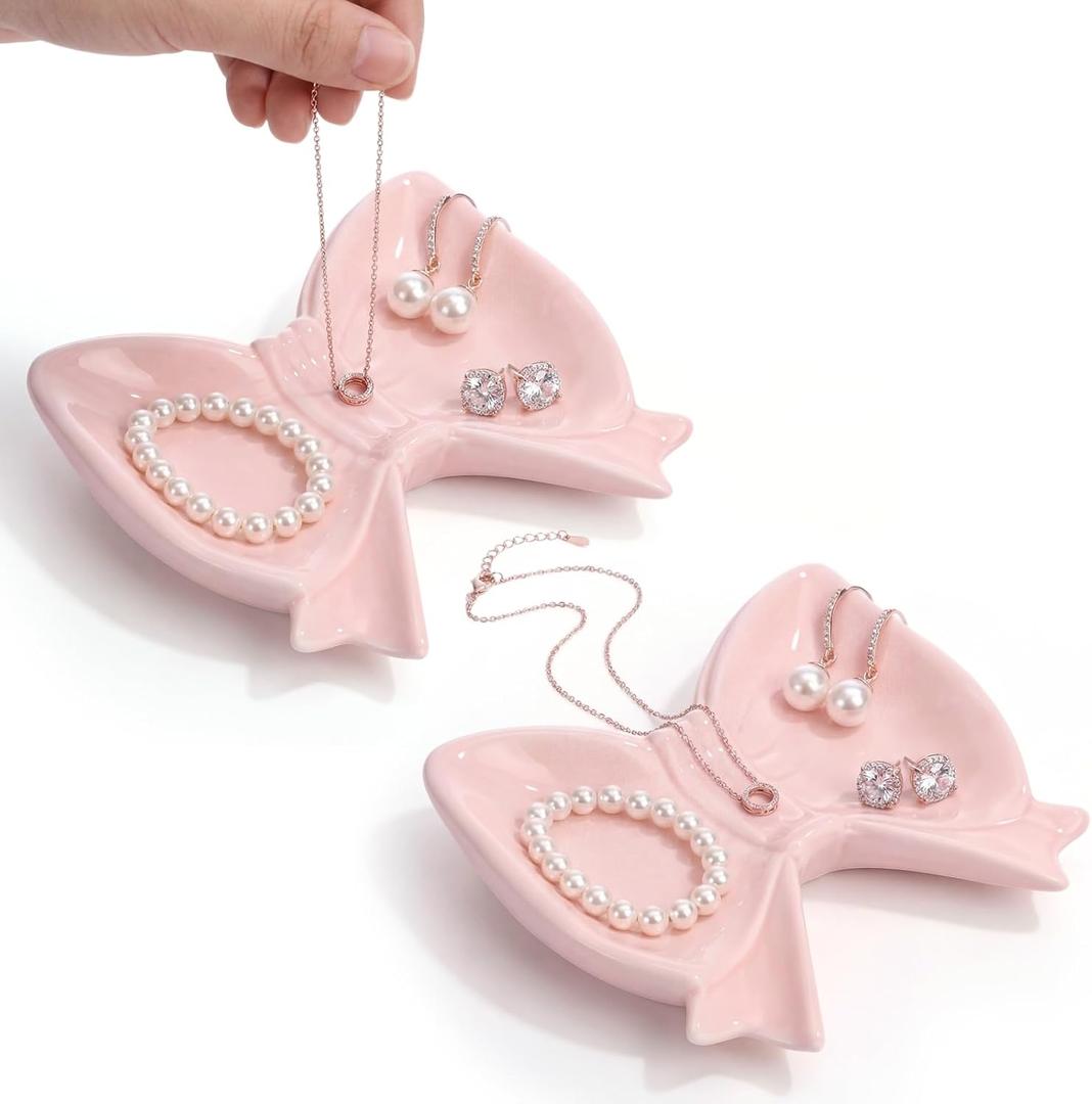 Tondiamo 2 Pcs Coquette Pink Bow Jewelry Dish, Ceramic Trinket Tray for Rings Earrings Necklace Cute Preppy Gifts for Women