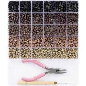 2400pcs Hair Extension Beads, Funtopia 5 Colors 5mm Silicone Beads for Hair, Micro Silicone Lined Rings for Hair Styling (Black-Dark Brown-Medium Brown-Light Brown-Blonde)