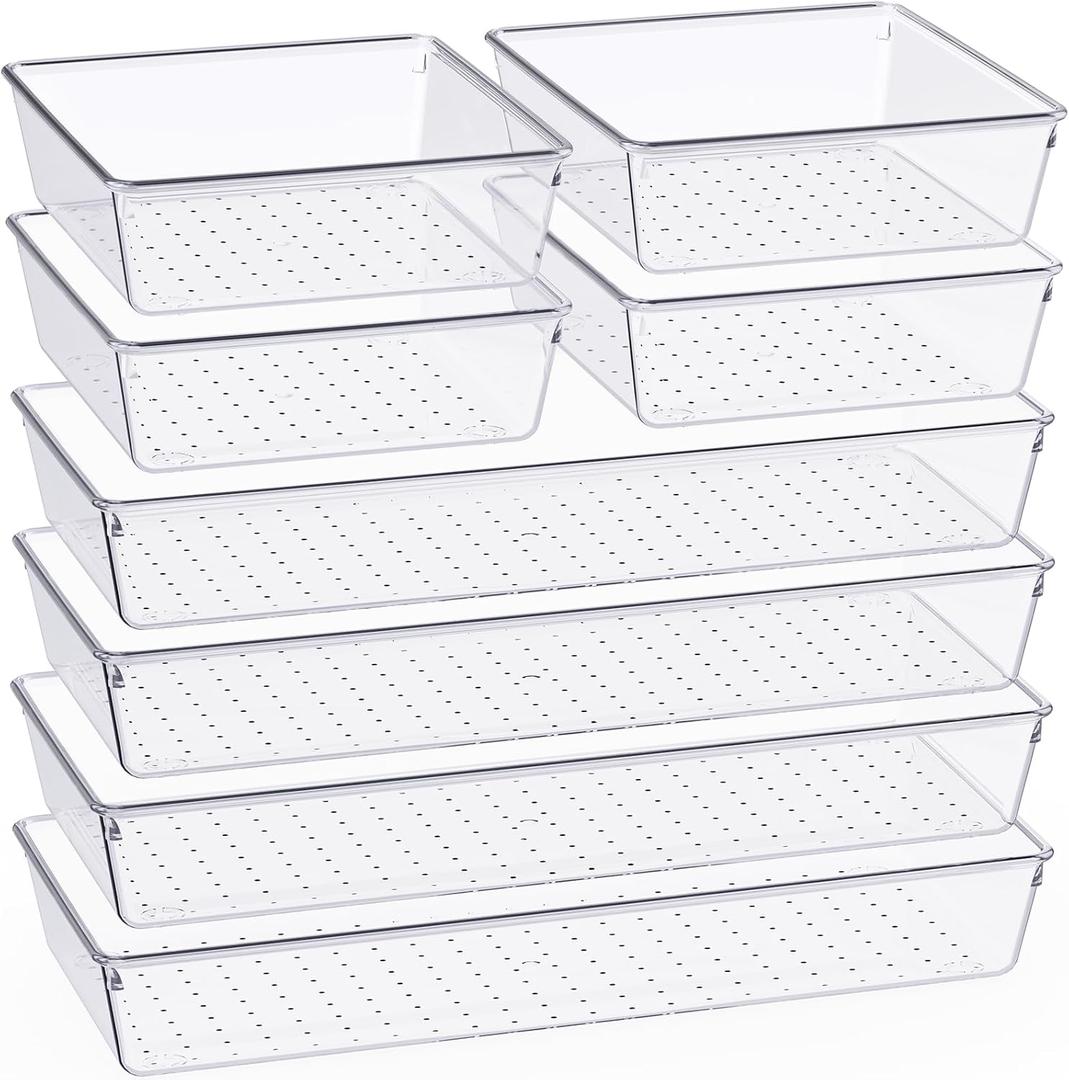 Criusia 8 Pack Large Clear Plastic Drawer Organizer Set, Bathroom Organizer Vanity Trays Dividers, Non Slip Storage Bins for Makeup, Jewelry, Snacks, Office, Desk, Fridge, Bedroom, Kitchen