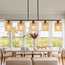 Boho Kitchen Island Light Fixture,39.4" Linear Chandelier for Dining Room,5-Light Rustic Pendant Lights Over Table,Handmade Woven Light Fixture,Farmhouse Wicker Chandeliers for Kitchen Islands