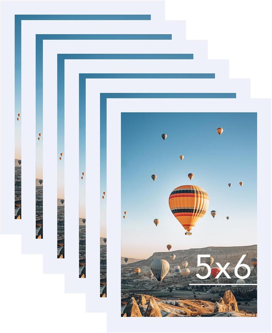 5x6 White Picture Frame Set of 6, Horizontal and Vertical Formats for Wall Hanging, 5 x 6 Wall Gallery Poster Photo Frames with Shatter Resistant Plexiglass, 6 Pack, White