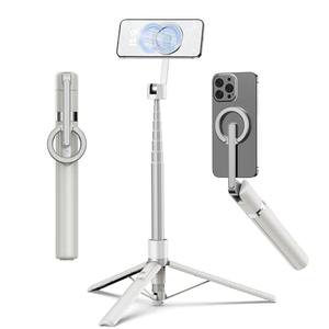 TONEOF 68" Magnetic Selfie Stick Tripod with Aluminum Strong Magnetic Holder for Magsafe, 360° Rotatable Travel Phone Tripod Stand with Metal Ring & Rechargeable Remote for iPhone/Android(Beige Gray)