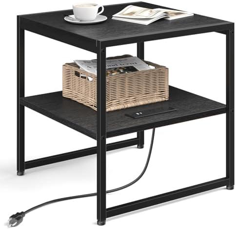 Tatub 20" End Table with Charging Station, Industrial Square Side Table with USB Ports & Outlets, Versatile 2-Tier Small Nightstand for Bedroom Living Room, Black Pack of 2