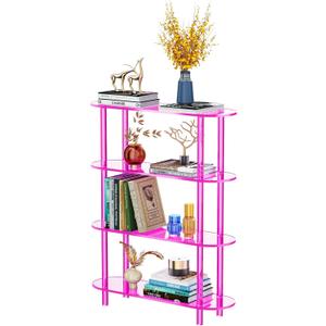 solaround Clear Bookcase, Acrylic Bookcase with Open Bookcase, Console Table for Entrance Office (4 Tiers, Pink)