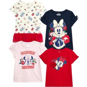 Disney Minnie Mouse Princess Girls Shirts - 4 Pack Short Sleeve Girls Graphic Tees for Toddler and Little Kid, Size 6, Minnie Red/ Pink/ Navy