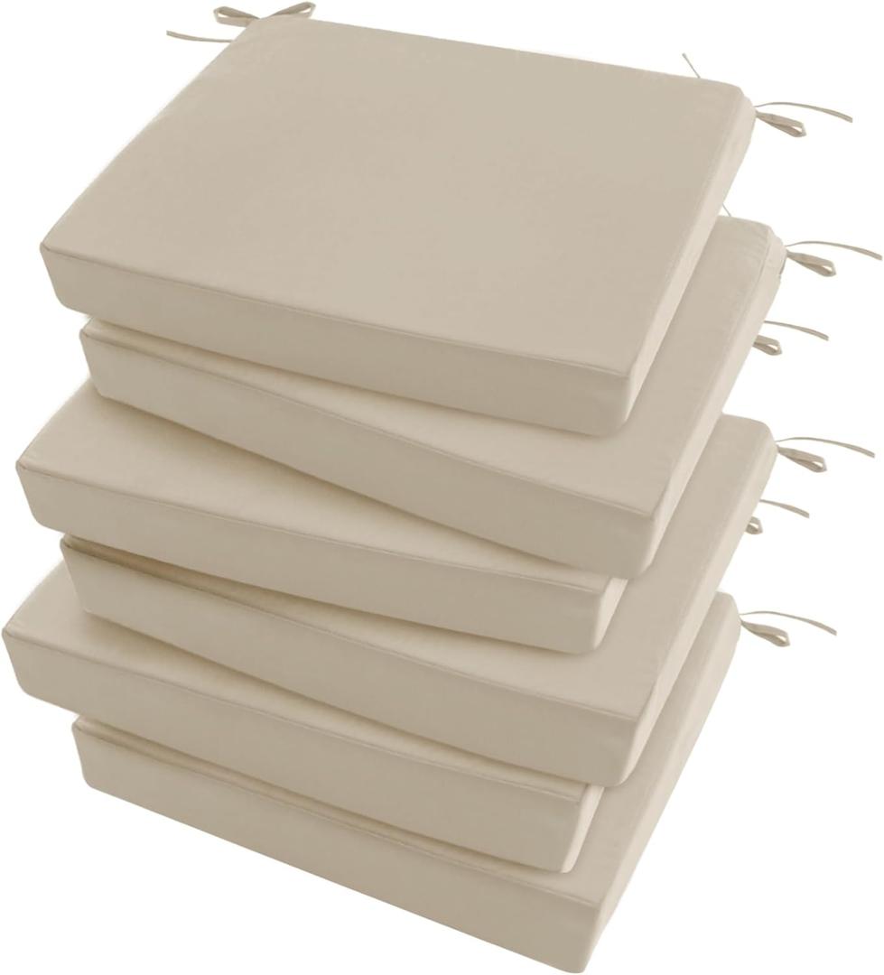 Outdoor Chair Cushions Set of 6: Waterproof & Fade Resistant Deep Seat Cushion for Patio Furniture - 24 x 24 x 3 Inch Chair Pads with Ties and Hidden Zipper - Patio Chair Cushion Replacement, Beige