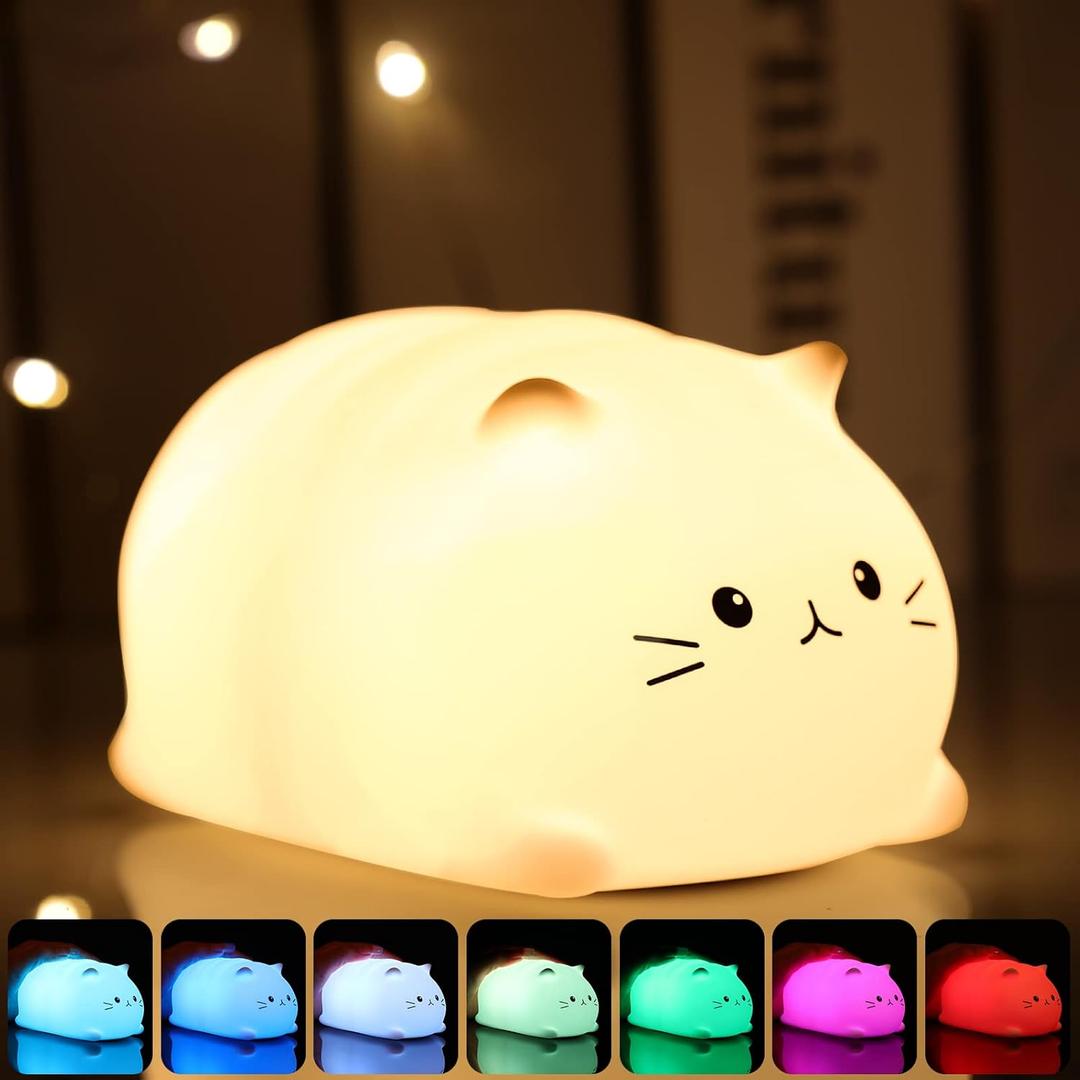 Tremdwoto Cat Night Light for Kids,Cute Colorful Night Light Baby Girl Squishy Night Lights Lamp 3 Hour Timer Kitty Light USB Rechargeable Nursery Lamp Nightlight Gifts for Boys and Girls