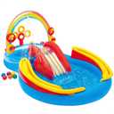 Intex 57453EP 9.75 Foot x 6.3 Foot x 53 Inch Multicolor Rainbow Slide Kids Inflatable Pool with Water Slide and Ring Toss for Children Ages 2 and Up, Multicolor, 117" x 76" x 53"