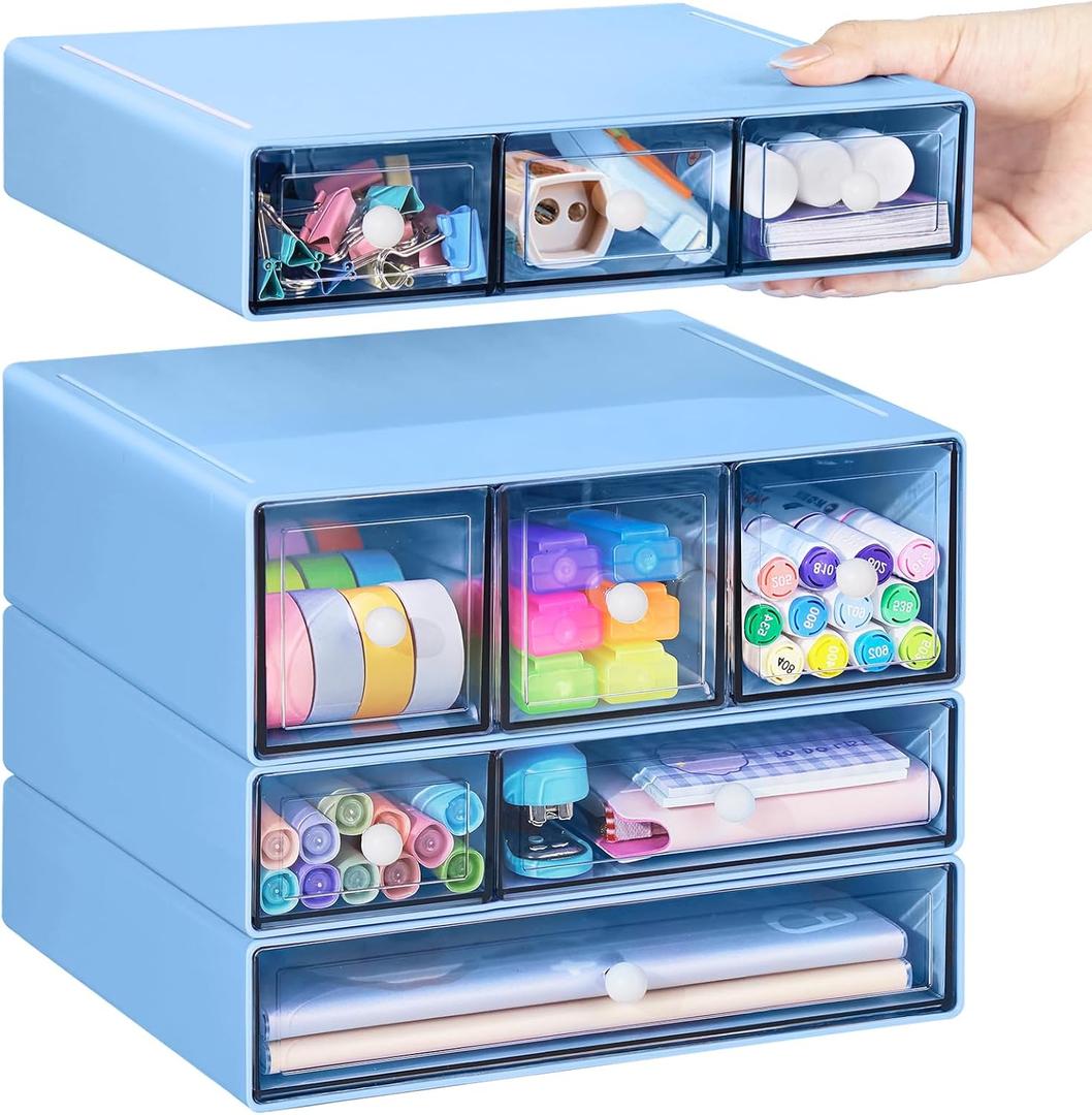 FODIENS Desk Storage Organizer with 9 Drawers, 4 Tiers Stackable Desktop Craft Storage Drawers, Clear Storage Box Caddy for Stationary Makeup Jewelry Office Craft Supplies (Blue)