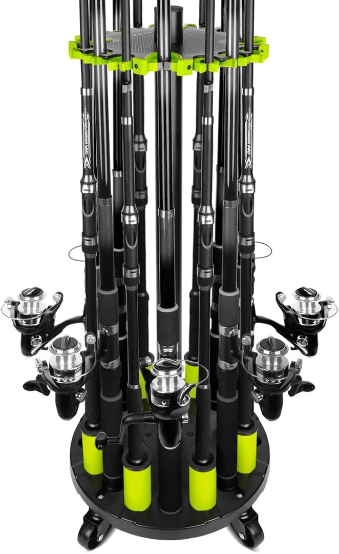 Hikeen Fishing Rod Holder for Garage, Fishing Pole Holders Rod Rack, Holds up to 20 Rods with Rolling Wheels, Fishing Gear Equipment Storage Organizer