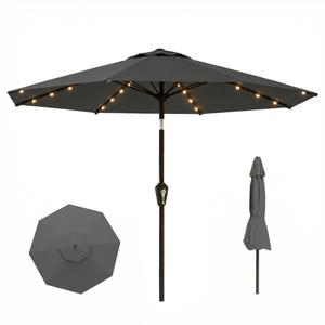 Tobeos 11FT Solar Lighted Patio Umbrella, Outdoor Table Market Umbrellas withn Crank Lift, 32 LED Lights, 8 Sturdy Ribs, UV-Resistant for Deck, Garden, Pool, Gray