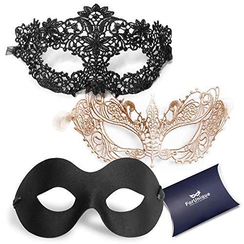 ForUnique Masquerade Masks for Couples – 2 Pack Gold & Black Venetian Style Lace Mask for Women and Men, Elegant Party Costume Masks for Mardi Gras, Halloween, Prom, Ball or Masquerade Party