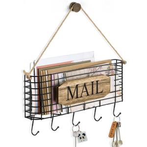 SRIWATANA Mail Holder, Rustic Mail Organizer Wall Mount Hanging Mail Sorter Letter Basket with 5 Key Holder for Wall, Large, Carbonized Black