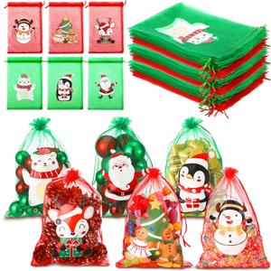 Wesnoy 24 Pcs Christmas Organza Bags 8x12 Inches Large Santa Snowman Gingerbread Man Drawstring Gift Bags Christmas Snack Treat Goodie Jewelry Candy Pouch for Xmas Holiday Wedding Party Favor