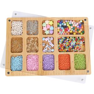 Favonuovy Seed Beads Sorting Tray with Magnetic Acrylic Lid and Elastic Band Bead Boards for Jewelry Bracelet Making Wooden Beading Mat Engraved with 7in Ruler, 13 Compartments and Letter A-M