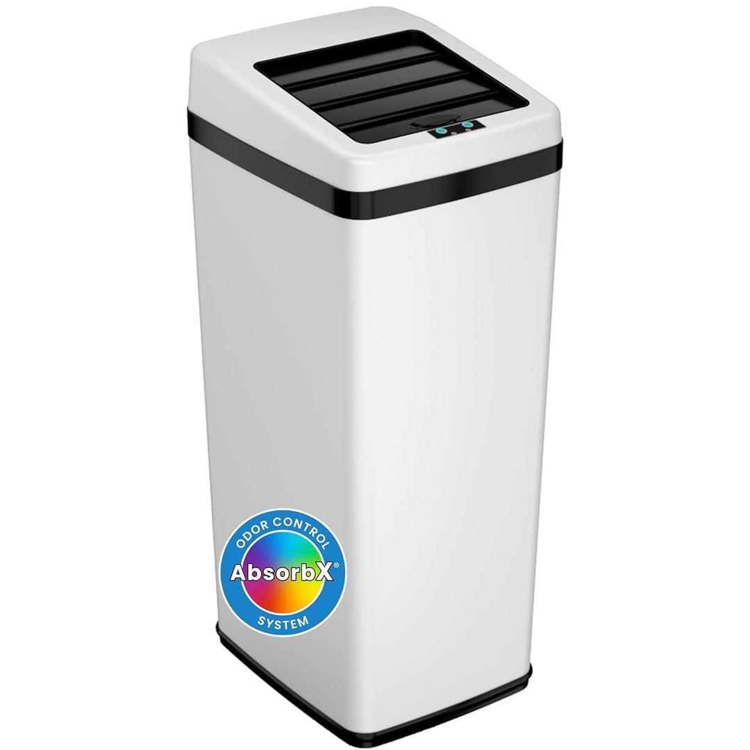 iTouchless 14 Gallon Slide Open Lid Kitchen Trash Can with, Motion Sensor White Stainless Steel Rectangular Trashcan for Home Office Work Bedroom Living Room Garage Large Capacity Slim Wastebasket