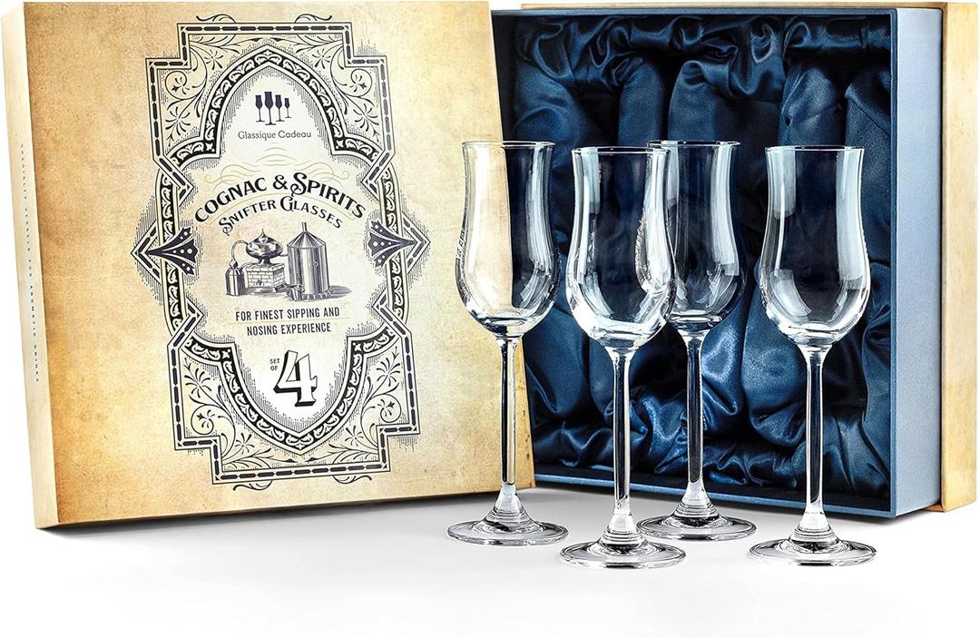 GLASSIQUE CADEAU Cognac, Brandy, Drink Cooler  and Dessert Wine Snifter Glasses | Set of 4 Small Tasting Tulip Copitas for Sipping Spirits, Madeira, After Dinner Drinks