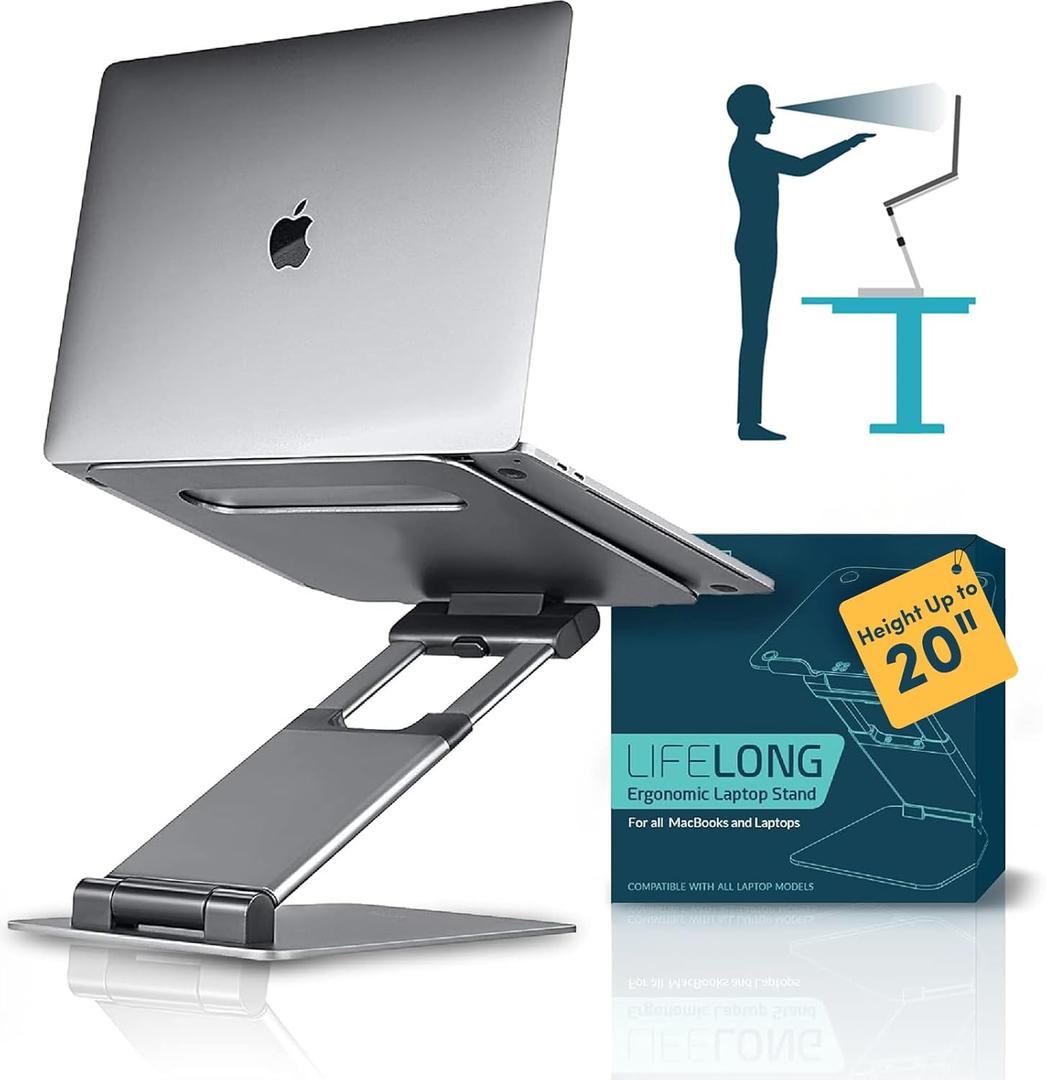 Lifelong Ergonomic Adjustable Laptop Stand for Desk - Height Up to 20" Portable Computer Laptop Riser Holder, Fits All MacBook Air & 10 15 17 Inches Laptops, Back to School Gift for Men & Women