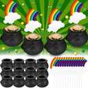 12 Pcs Mini Black Cauldron and 12 Pcs Cloud Rainbow Cake Toppers Cupcake Decorations Plastic Candy Kettles with Handle Plastic Small Cauldron for St Patricks Day Party Favor Leprechaun Supplies