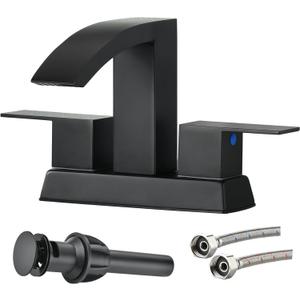 Matte Black Bathroom Faucet,Waterfall Black Faucet for Bathroom Sink,4 Inch Stainless Steel Bathroom Sink Faucet,Two Handle RVs Lavatory Vanity Faucets with Water Hoses