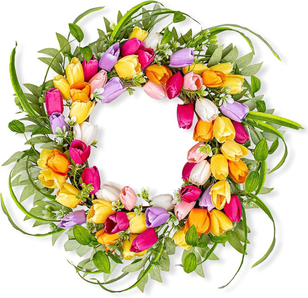 Spring Decorations 22 Inch Summer Wreaths for Front Door Artificial Spring Wreath with 6 Colors Tulips for Indoor Outdoor Holiday Celebration (Multicolor-1)