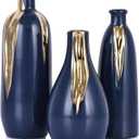 Blue and Gold Mini Ceramic Vase Set of 3, Small Ceramic Vase Set for Decorative, Bud Vases for Centerpieces Nightstand Kitchen, Boho Farmhouse Home Coffee Table Tray Decor